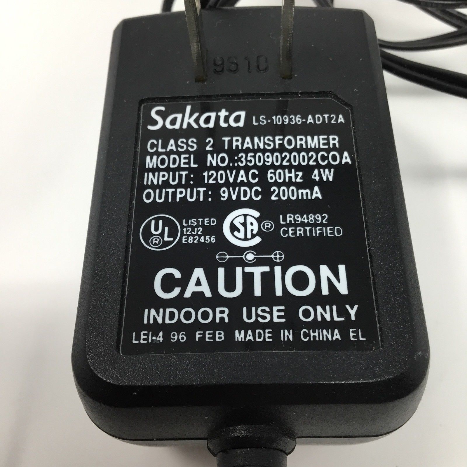 New 9V 200mA Sakata Ls-10936-adt2a 350902002COA Class 2 Transformer Power Supply Ac Adapter